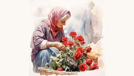 وکتور مادربزرگ در حال مراقبت از گل‌ های رز