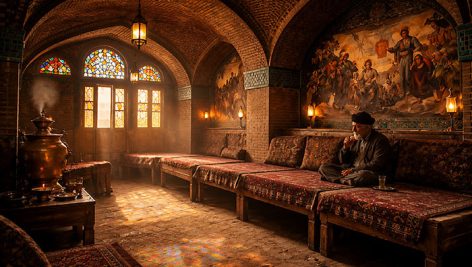 تصویر پیرمرد تنها در قهوه خانه سنتی و قدیمی