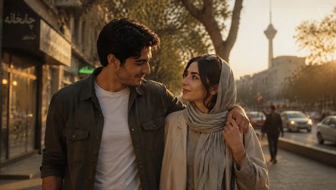 تصویر دختر و پسر ایرانی عاشق و پیاده روی در تهران