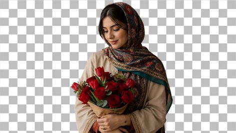 تصویر PNG دختر ایرانی با روسری سنتی و دسته گل رز