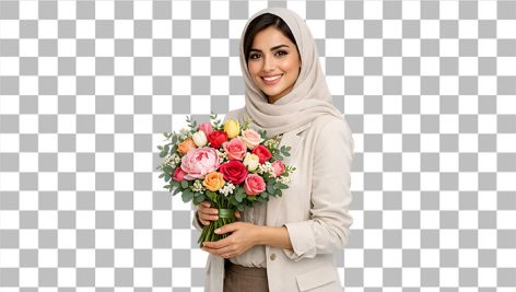تصویر PNG دختر ایرانی با دسته گل رز