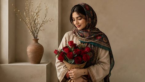 تصویر دختر ایرانی با روسری سنتی و دسته گل رز