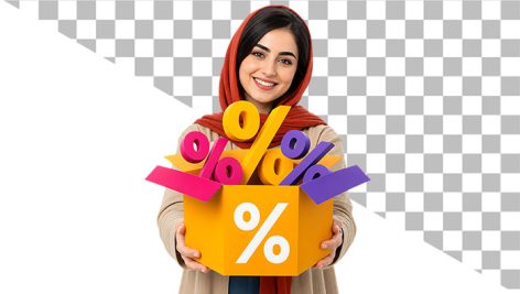 تصویر PNG دختر ایرانی با کارتن طرح درصد تخفیف و آفر