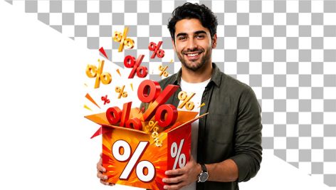 تصویر PNG مرد ایرانی با کارتن طرح درصد تخفیف و آفر