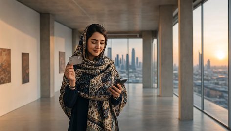 دانلود تصویر استوک خرید آنلاین دختر ایرانی با کارت بانکی و موبایل