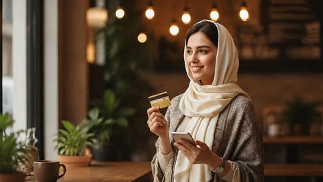 دانلود عکس استوک زن جوان در حال پرداخت آنلاین با کارت بانکی و موبایل