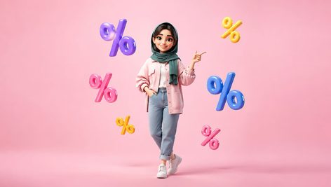تصویر کاراکتر دختر جوان طرح تخفیف و علامت درصد