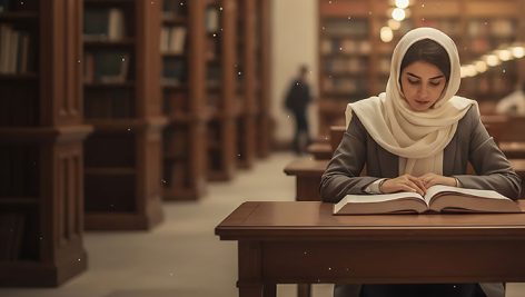 عکس با کیفیت دانشجو دختر در حال مطالعه در کتابخانه دانشگاه | فرمت JPG