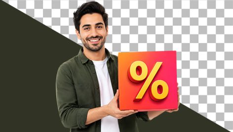 تصویر PNG مرد جوان در حال حمل باکس تخفیف و نماد درصد