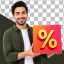 تصویر PNG مرد جوان در حال حمل باکس تخفیف و نماد درصد