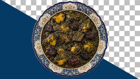عکس دوربری شده خورش آلو اسفناج مجلسی در بشقاب سنتی PNG بدون پس زمینه 3 دانلود تصویر دوربری شده خورش آلو اسفناج مجلسی PNG | عکس بدون پس زمینه غذای سنتی
