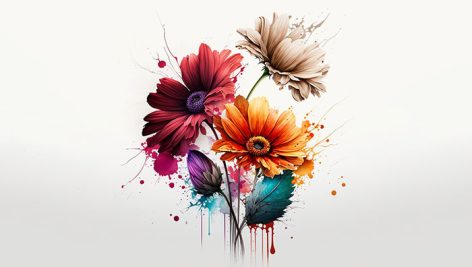 دانلود طرح نقاشی دسته گل آبرنگی با کیفیت بالا | تصویر هنری بوکه گل فانتزی و اسپلش رنگ