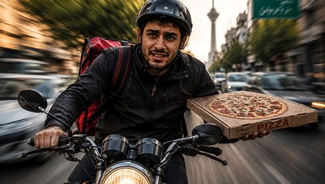 عکس تبلیغاتی مرد جوان ایرانی پیک موتوری دلیوری پیتزا در خیابان تهران | تصویر باکیفیت ارسال سریع 1 دانلود عکس تبلیغاتی پیک موتوری فست فود و دلیوری پیتزا | تصویر باکیفیت ارسال سریع غذا JPG