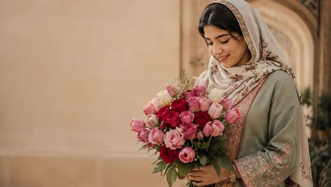 تصویر باکیفیت دختر ایرانی با لباس سنتی و دسته گل رز در عمارت تاریخی 7 دانلود تصویر دختر ایرانی با لباس سنتی ایرانی و دسته گل | استوک باکیفیت
