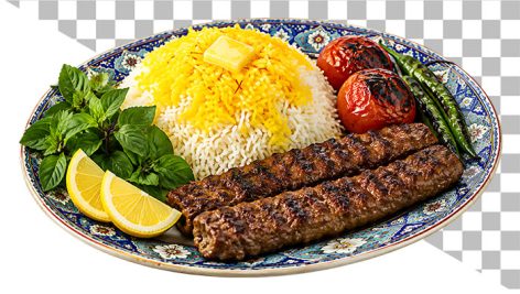 دانلود عکس دوربری شده دیس چلو کباب کوبیده زعفرانی با مخلفات PNG | کباب ایرانی و برنج زعفرانی 9 دانلود عکس دوربری شده چلو کباب کوبیده ایرانی PNG | المان غذای سنتی