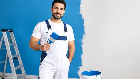 دانلود عکس با کیفیت نقاش ساختمان حرفه ای با غلتک رنگ 1 دانلود عکس استوک نقاش ساختمان در حال کار با کیفیت بالا